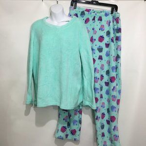 Pink XL Mint Green Cupcakes Plush Fleece Pajamas Pullover Top Pants Set